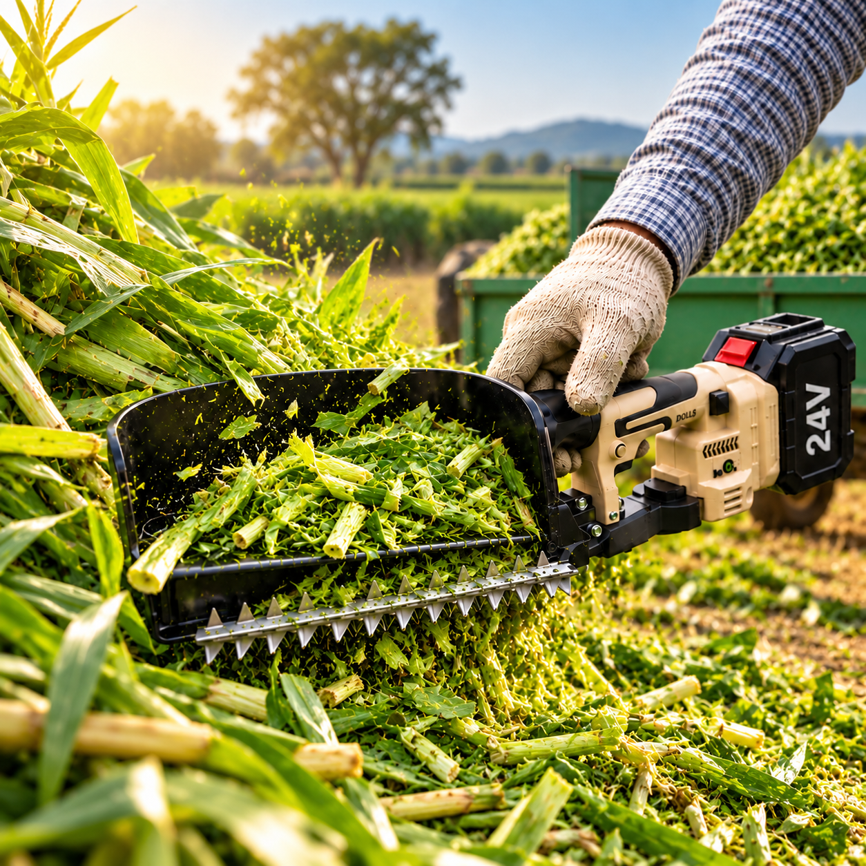 Chaara Tea Harvester cutting green fodder in a farm field