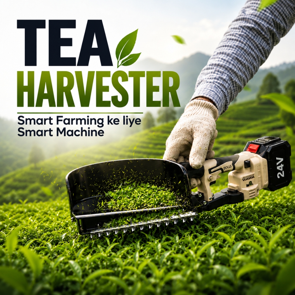 Battery-powered Tea Harvester machine cutting tea leaves in a tea garden